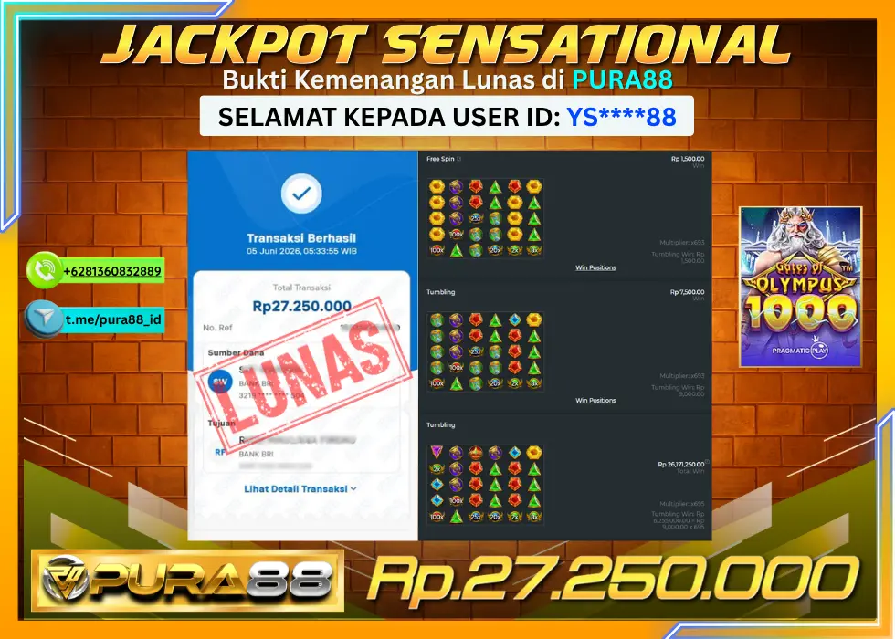 PURA88 JACKPOT GATES OF OLYMPUS 1000 Rp 27.250.000,- LUNAS